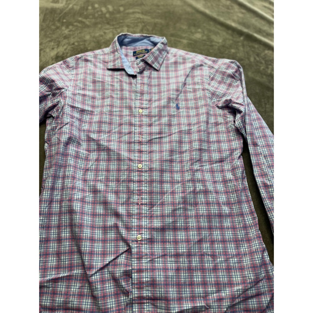 Polo Ralph Lauren Mens Large Pink Blue Plaid Cotton Stretch Long Sleeve Shirt